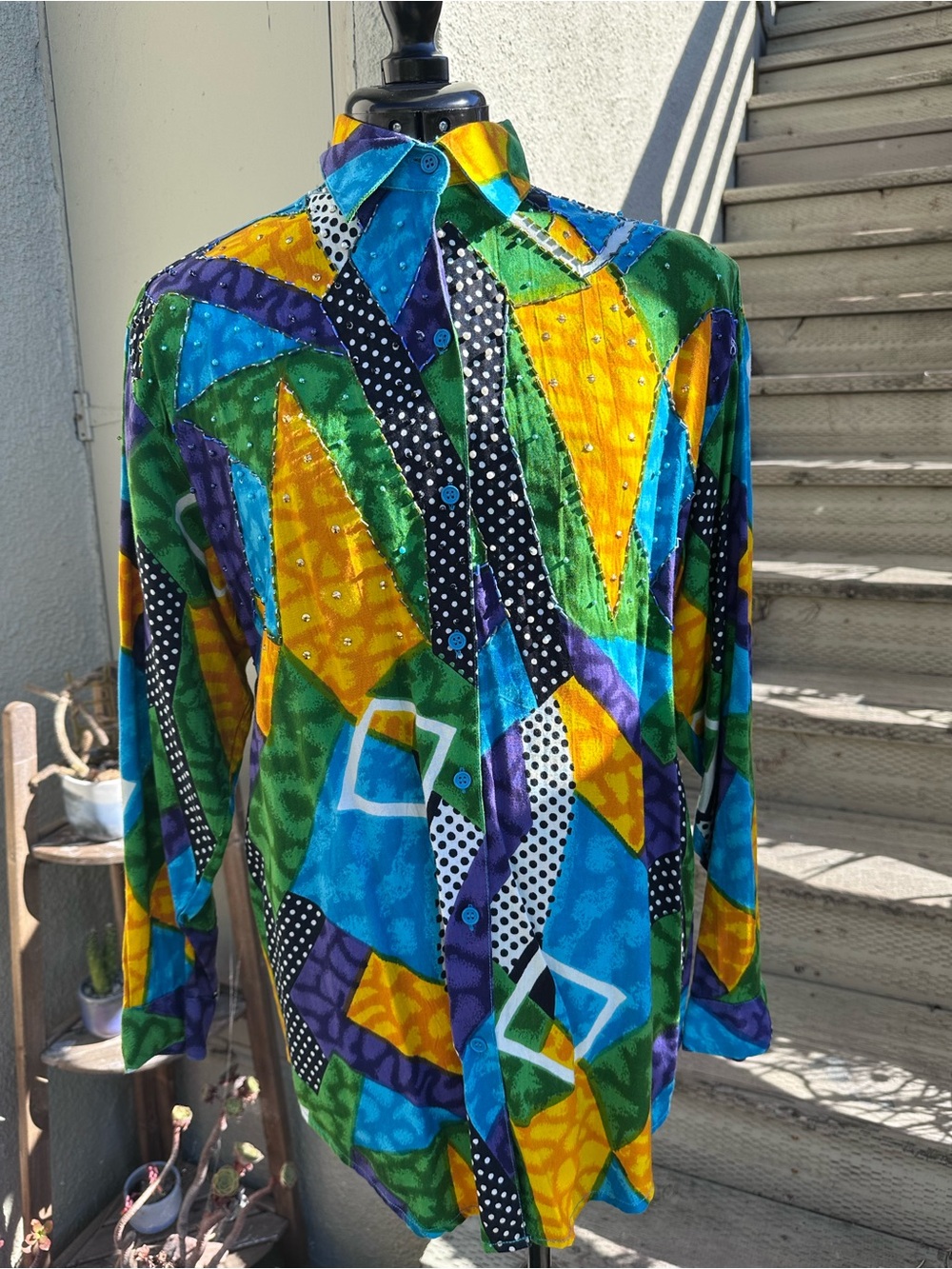 Vintage Multicolor Geometric beaded and sequin Button-Down Green/Blue/Yellow